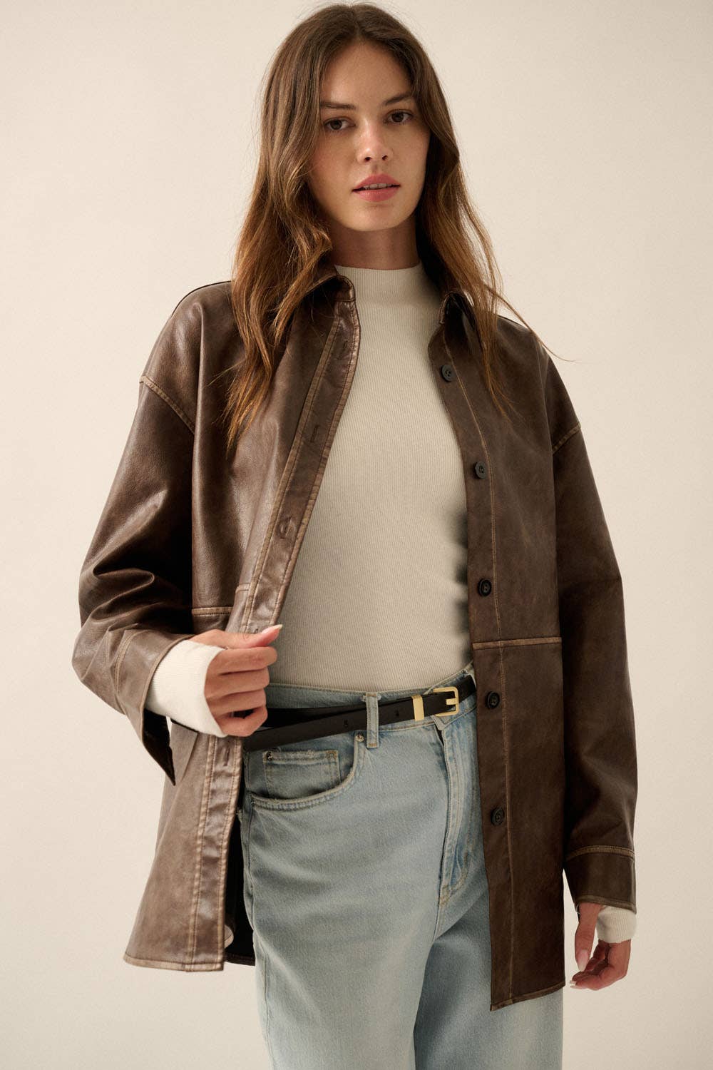 Faux Leather Button-Front Shacket