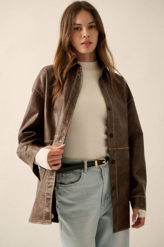 Faux Leather Button-Front Shacket
