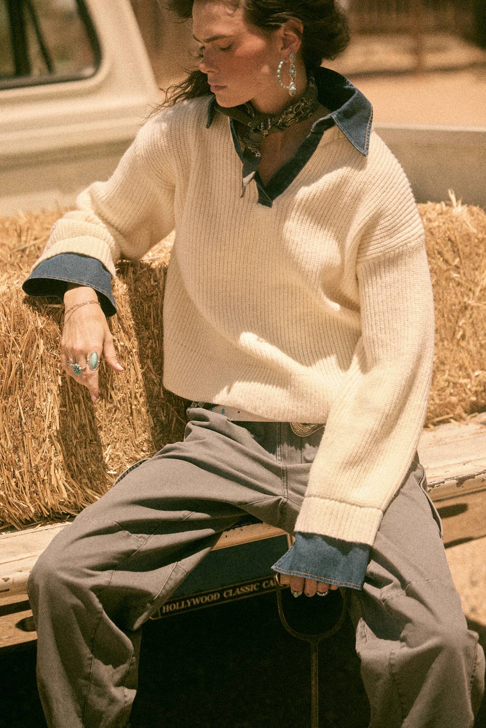 Rib-Knit and Denim Layered-Look Split-neck Collared Sweater