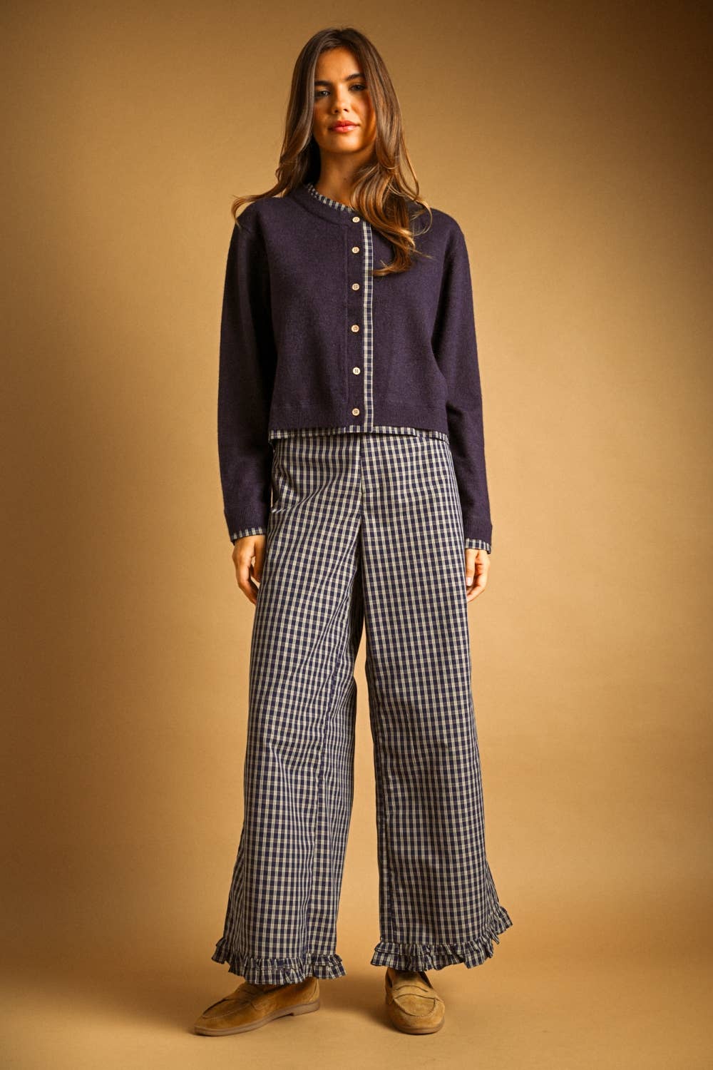 RUFFLE DETAIL WITH PLAID FABRIC PANTS