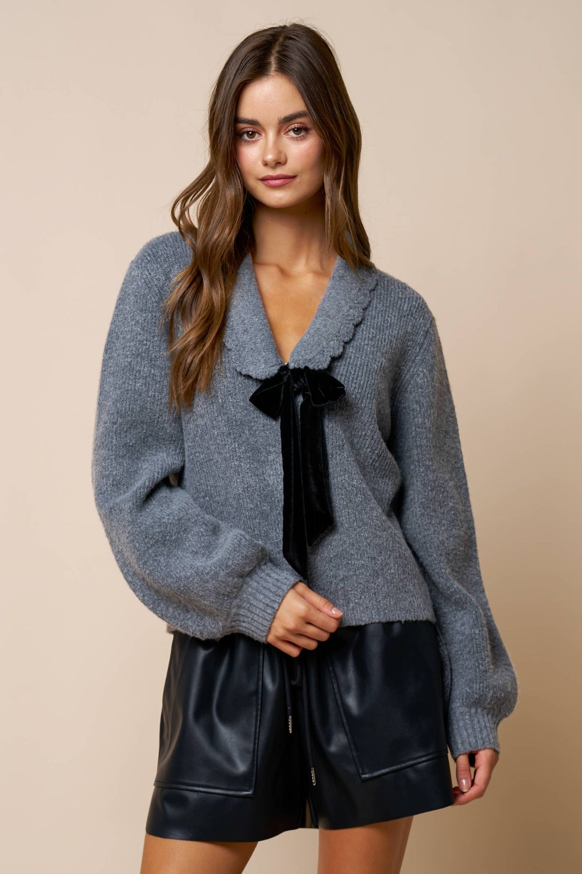 Velvet Bow Detail Scalloped Collar Cardigan