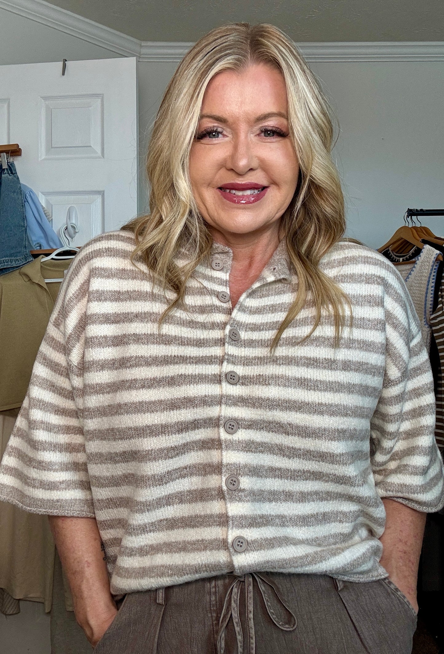 Striped Quarter Sleeve Cardigan Sweater