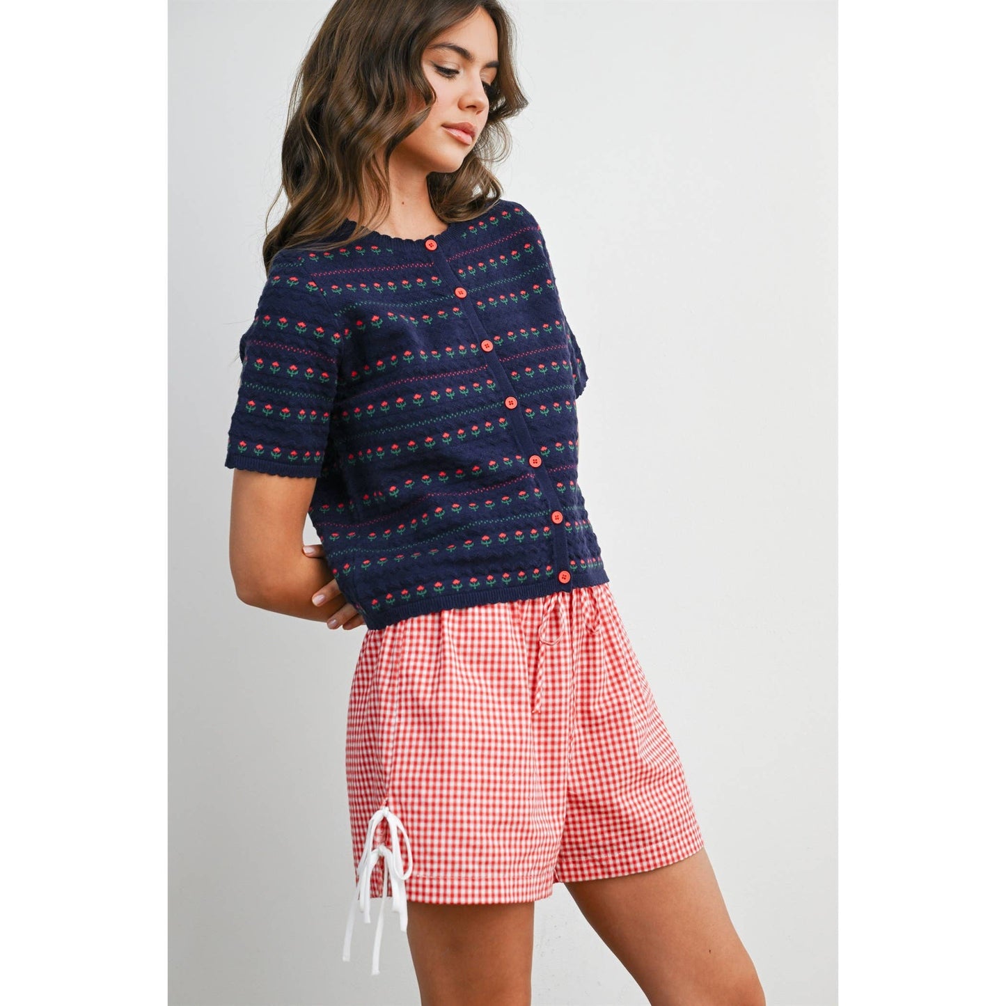 Women's Gingham Tie-Side Shorts- Navy & Red
