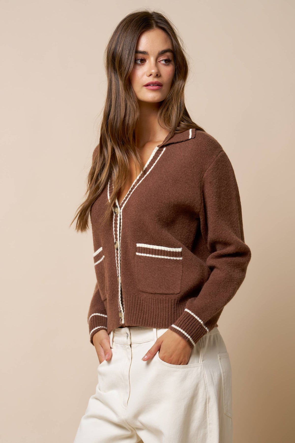 Stripe Hem V Neck Button Down Cardigan