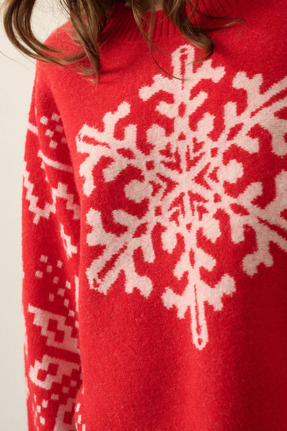 Snowflake Nordic Jacquard-Knit Dolman-Sleeve Sweater- Red and Sand