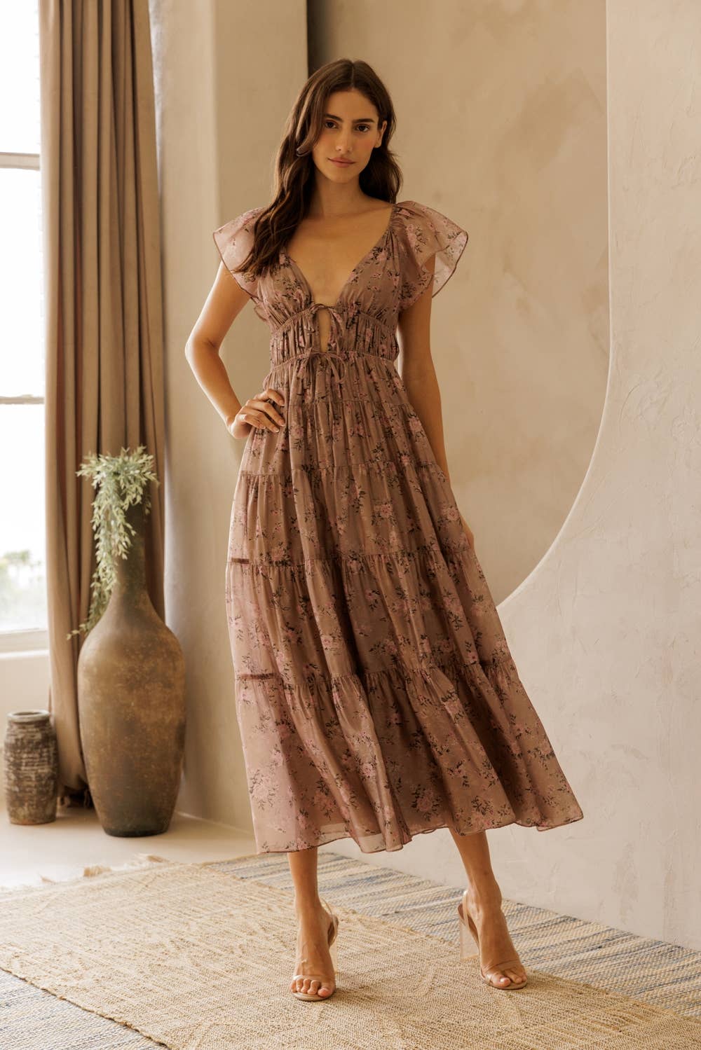 Floral Tie Front Tiered A-line Dress
