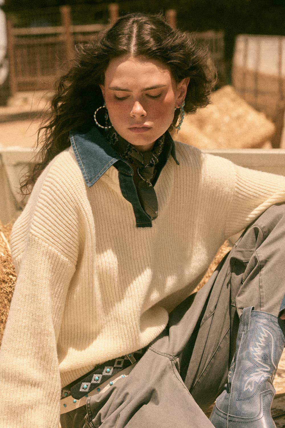 Rib-Knit and Denim Layered-Look Split-neck Collared Sweater
