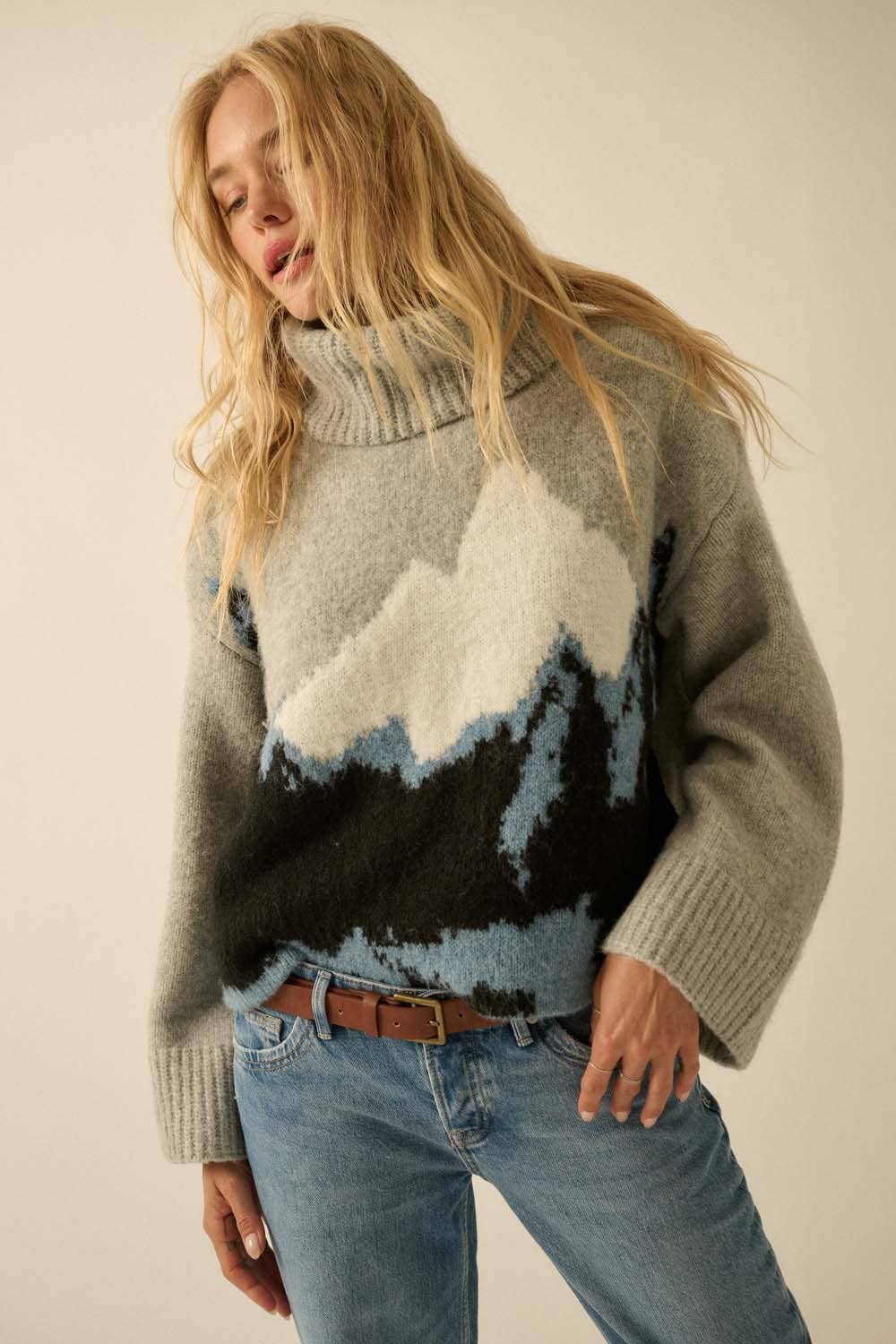 Mountains Fuzzy Jacquard-Knit Turtleneck Sweater