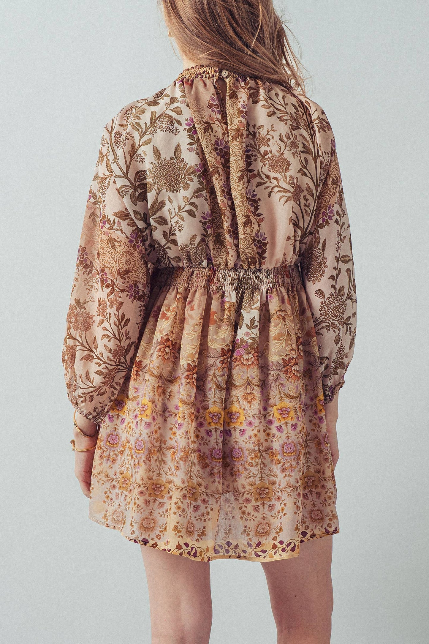 Mixed-Print Boho Smocked Waist Mini Dress