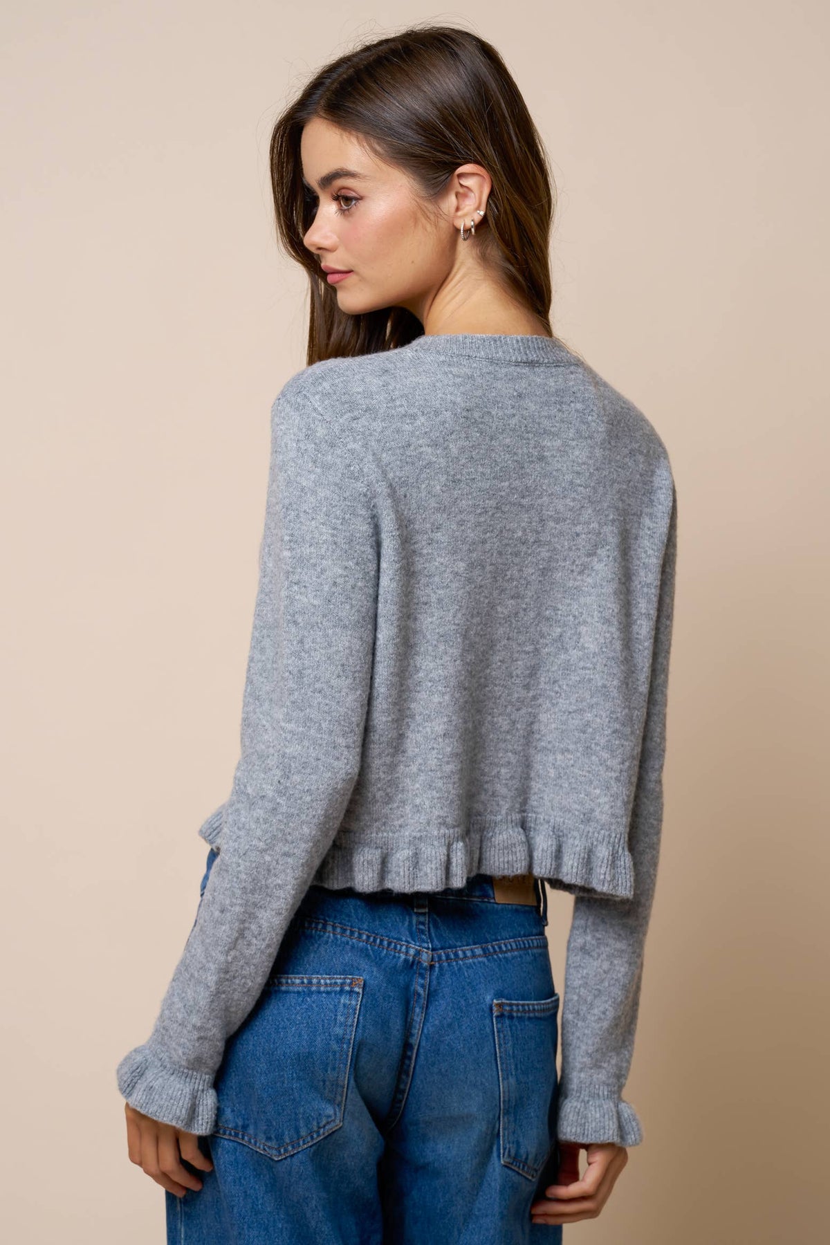 Ruffled Hem Long Sleeve Sweater Button-Down Cardigan