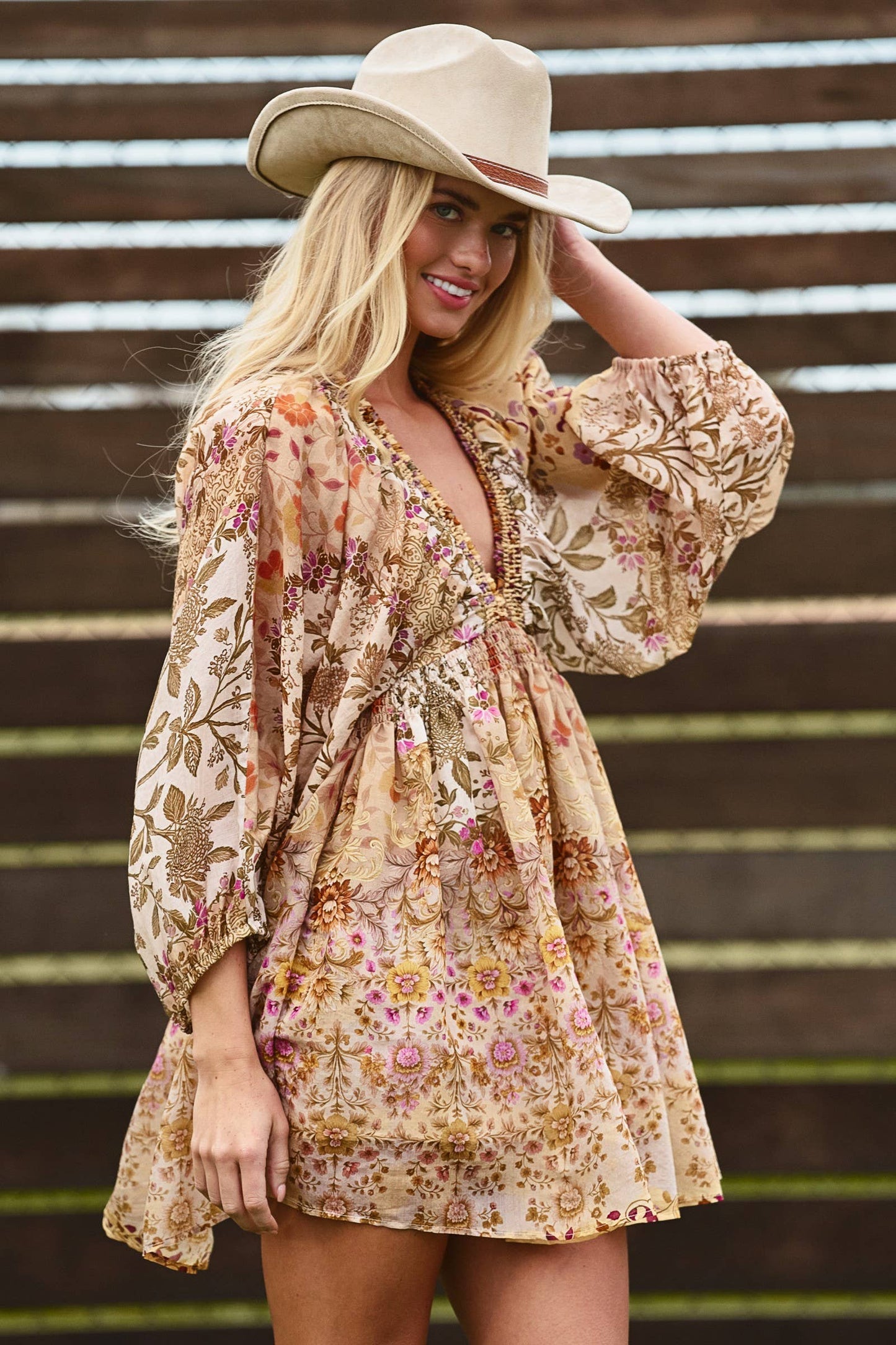 Mixed-Print Boho Smocked Waist Mini Dress