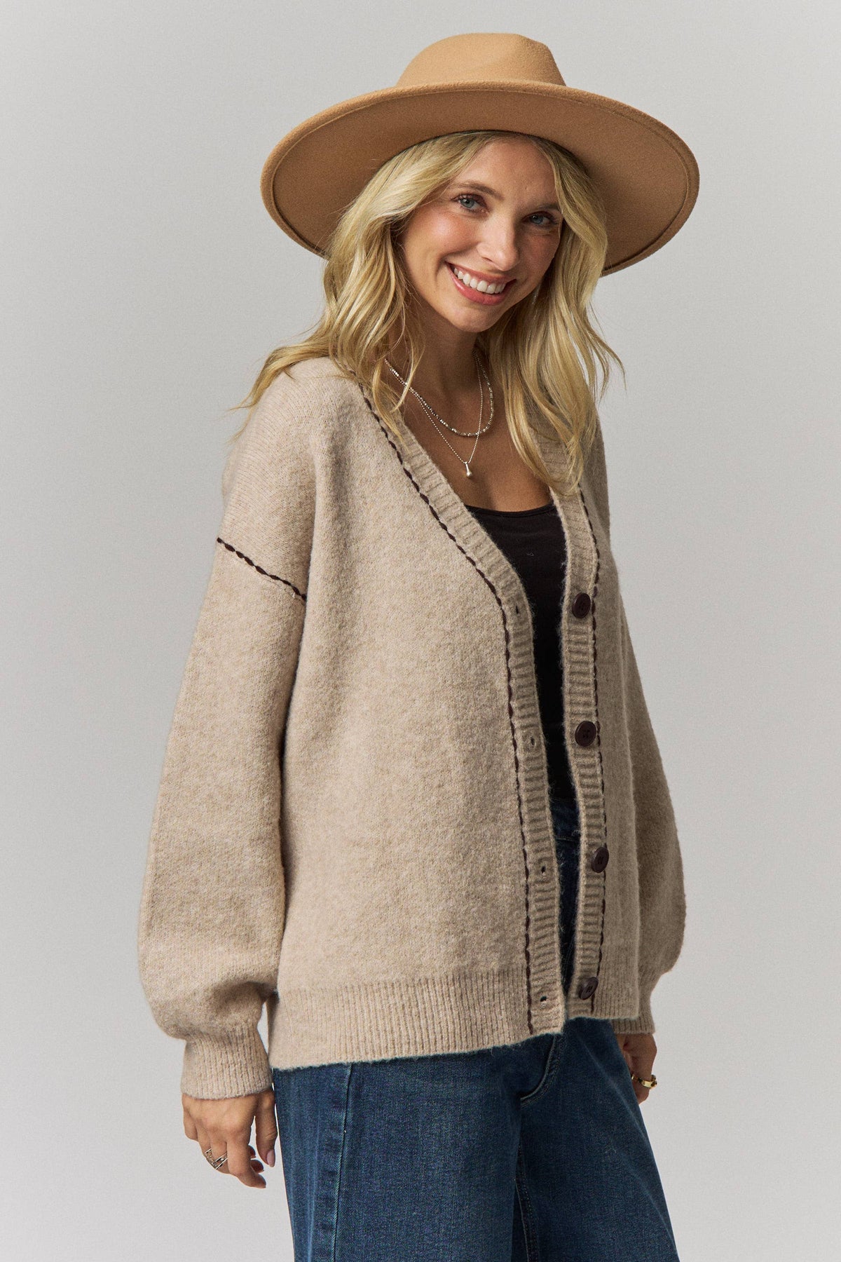 Contrast Stitch Button Front Cardigan- Taupe or Brown