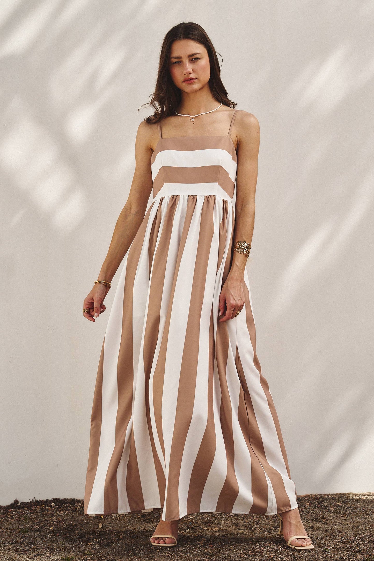 Vertical Stripe Smocked Back Maxi Dress