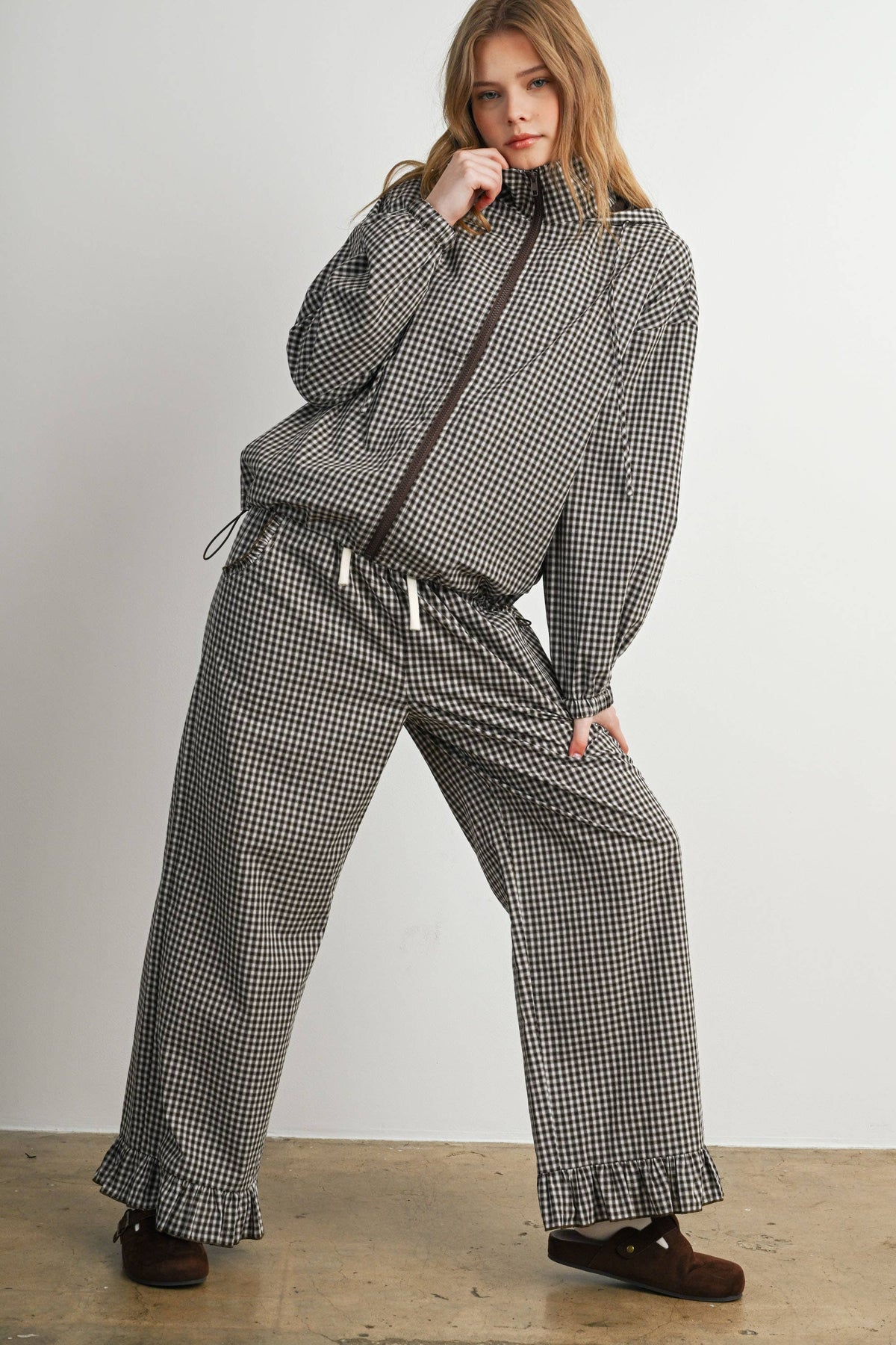 Gingham Ruffle Hem Wide Leg Pants