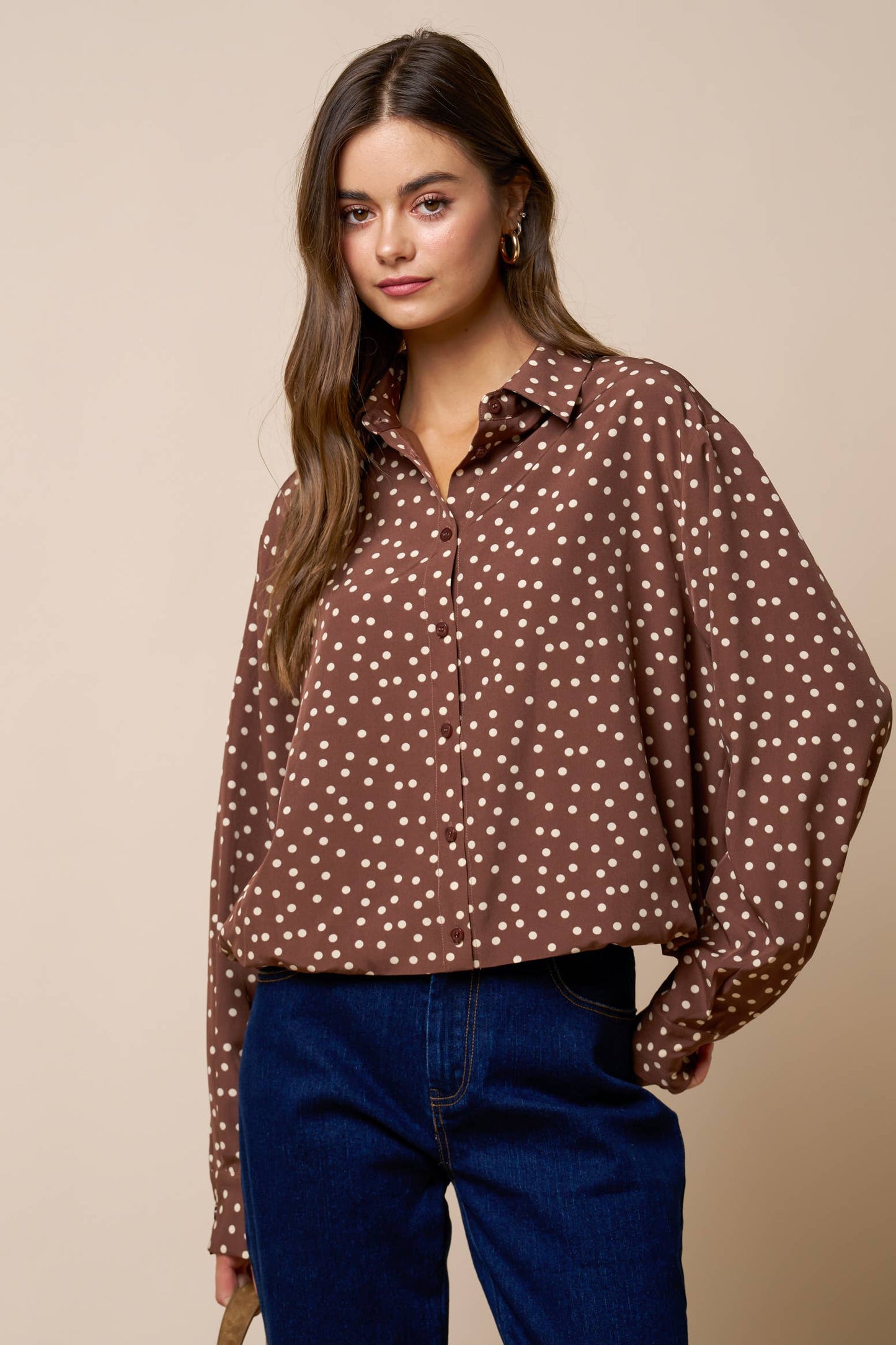 Collared Polka Dot Button Down Blouse