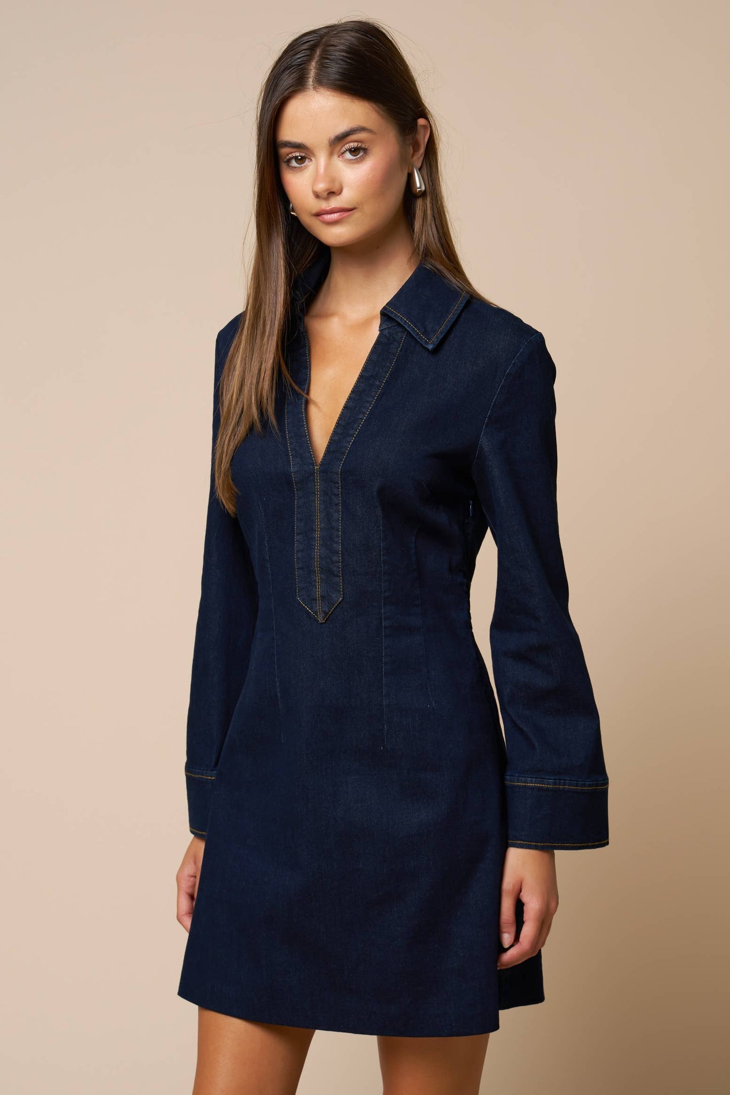 Collared Deep V-Neck Denim Dress