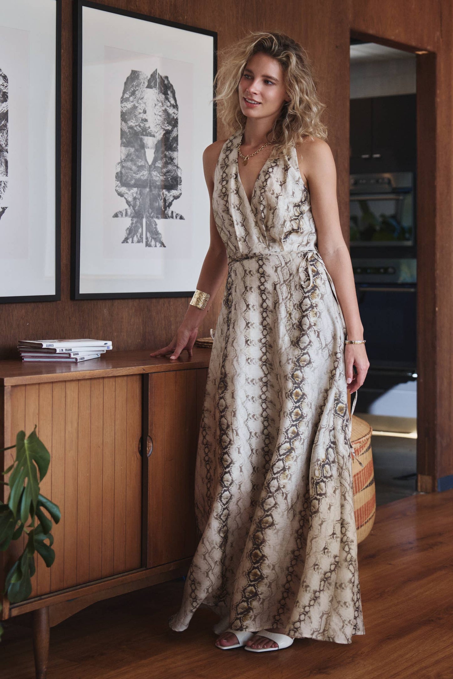 Snake Print Tencel Linen Halter Maxi Dress
