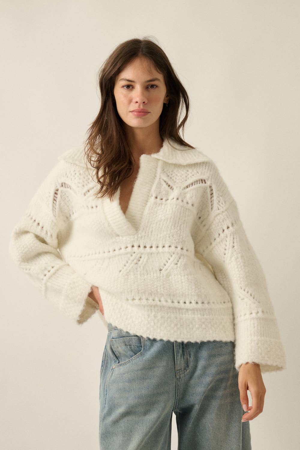 Fuzzy Pointelle Loose-Fit Sweater