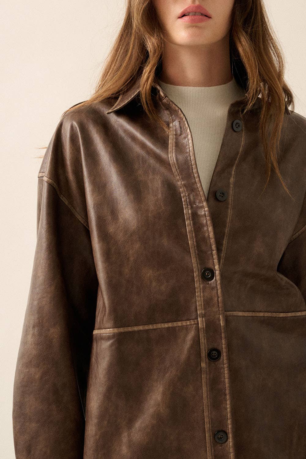 Faux Leather Button-Front Shacket