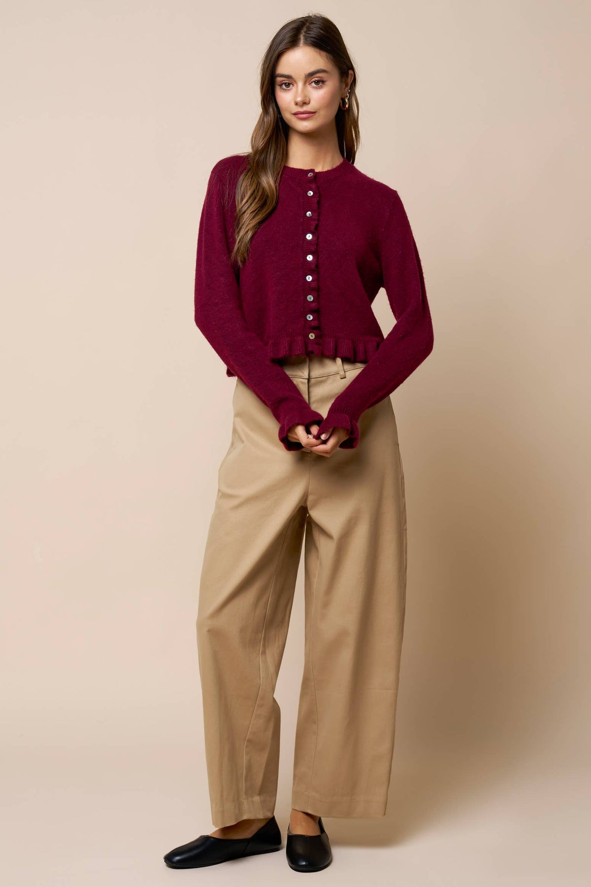 Ruffled Hem Long Sleeve Sweater Button-Down Cardigan