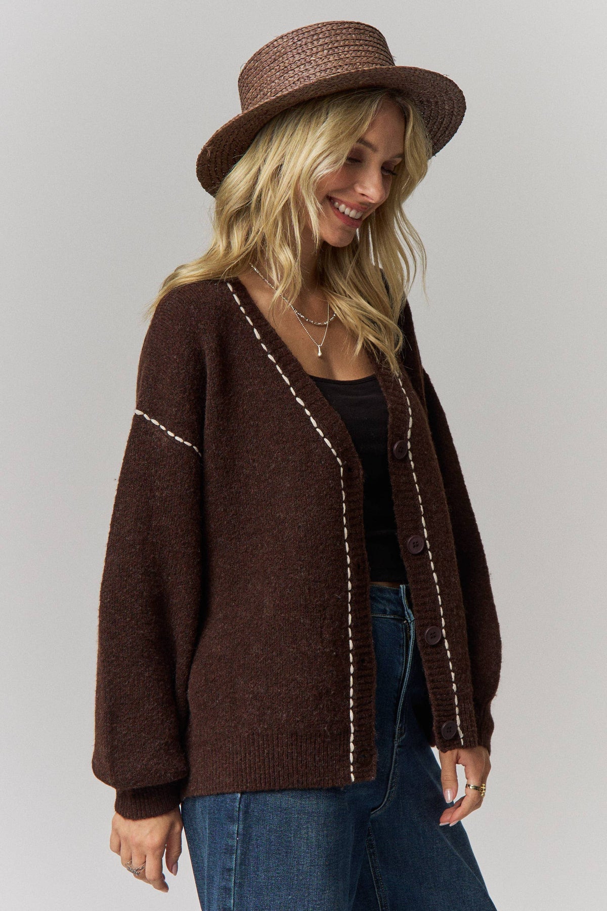 Contrast Stitch Button Front Cardigan- Taupe or Brown
