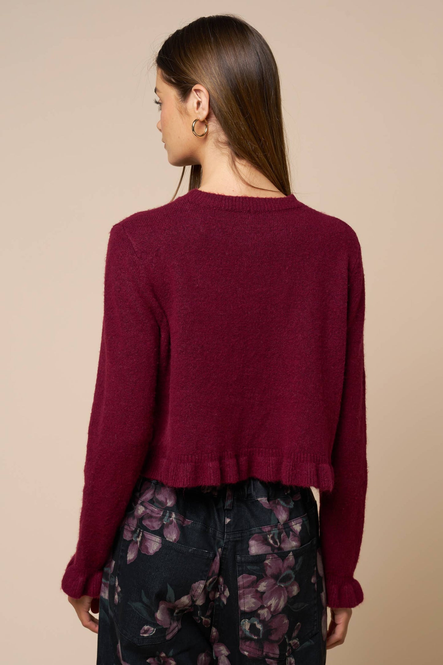 Ruffled Hem Long Sleeve Sweater Button-Down Cardigan