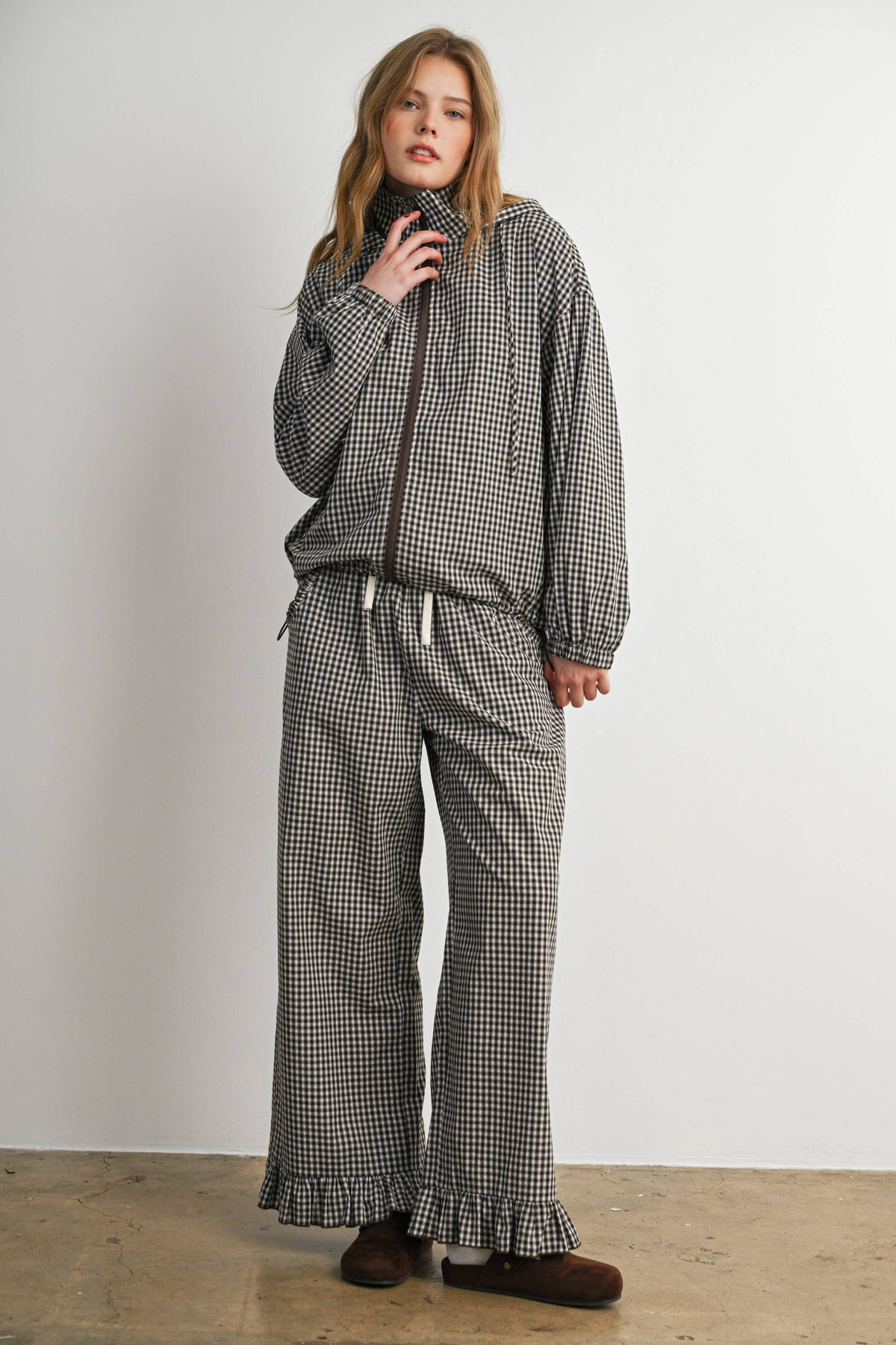 Gingham Ruffle Hem Wide Leg Pants
