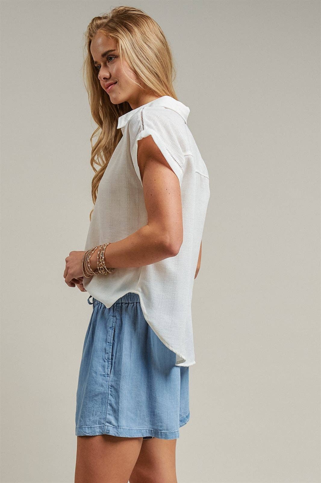 Linen-Inspired Ladder Trim Polo Top