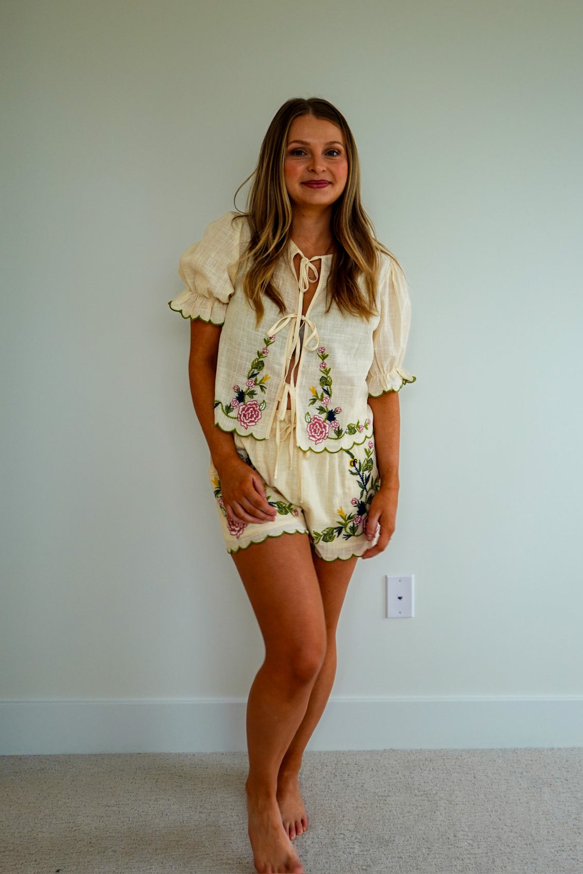 Embroidered Open Front Tied Top