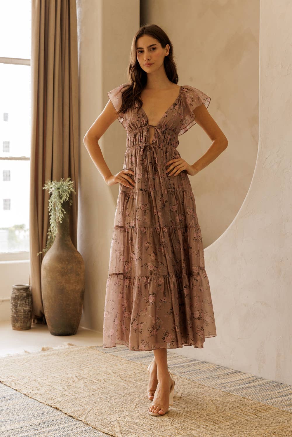 Floral Tie Front Tiered A-line Dress