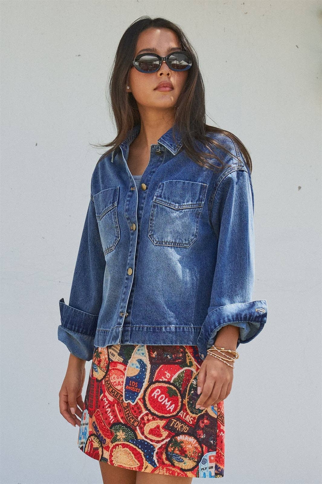 Vintage Wash Denim Shirt Jacket With Gold Buttons