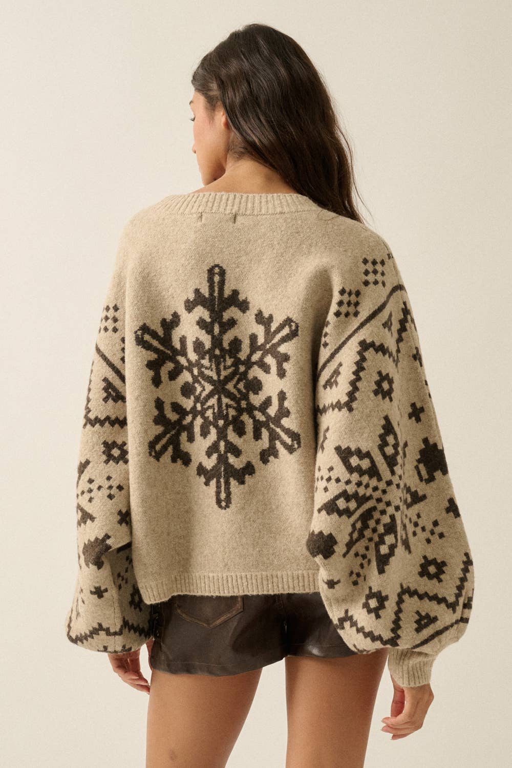 Snowflake Nordic Jacquard-Knit Dolman-Sleeve Sweater- Red and Sand