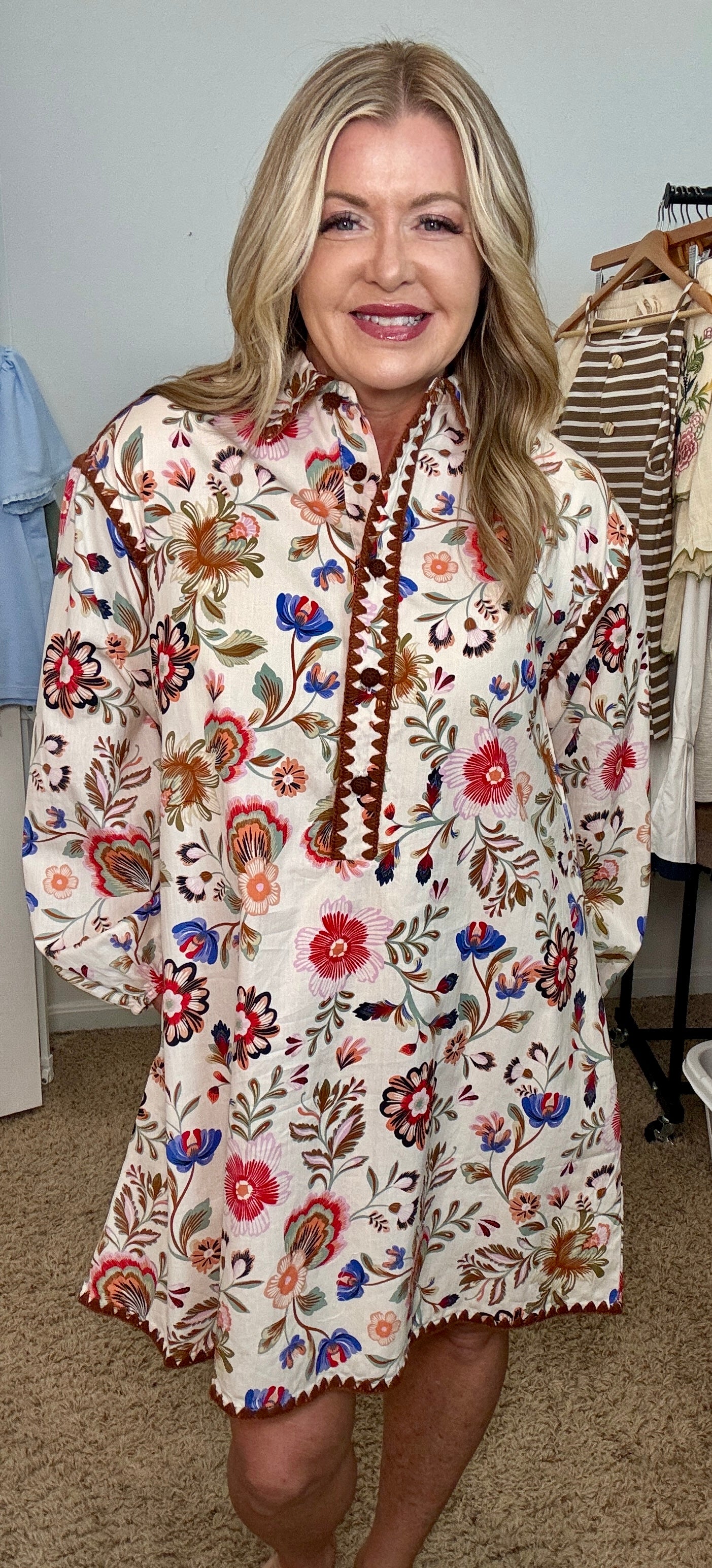 Blanket Stitch Button Down Mini Dress