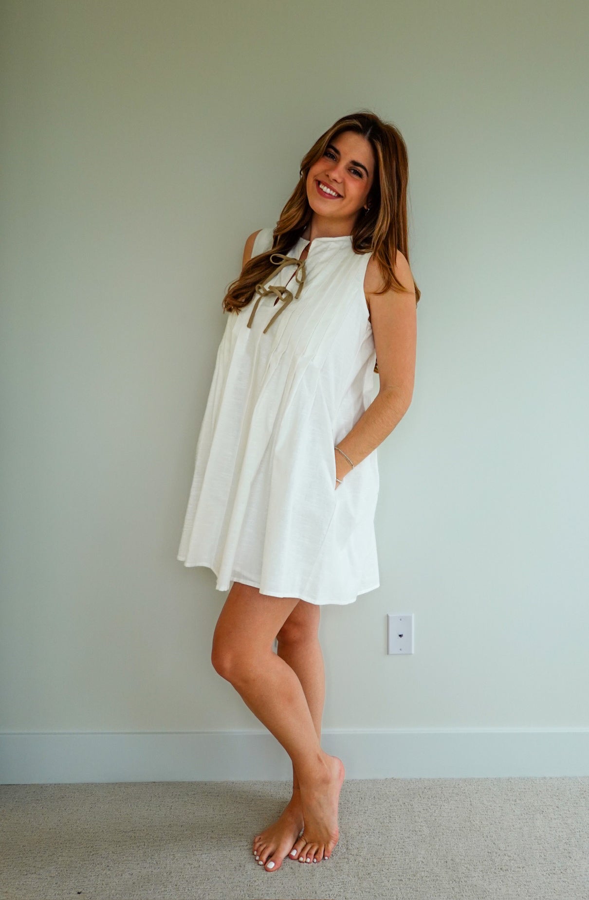 Bow Detail Pleated Mini Dress