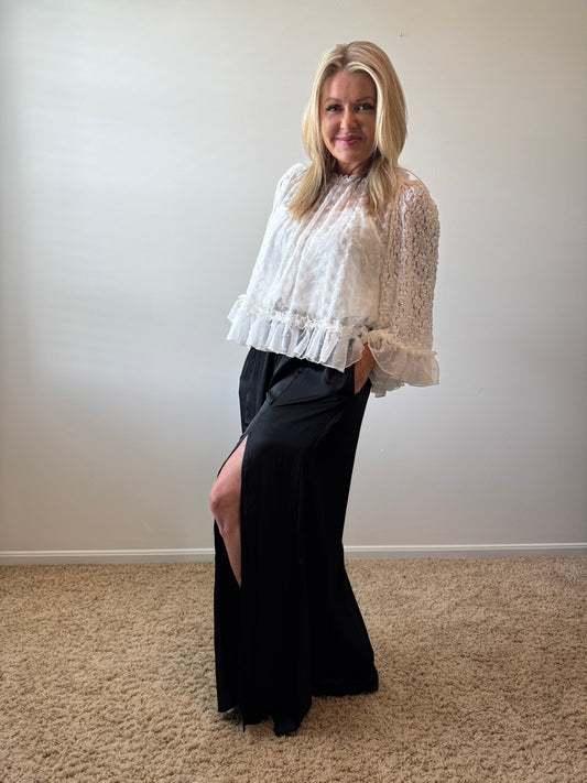 Satin High Waisted Trousers With Front Silt