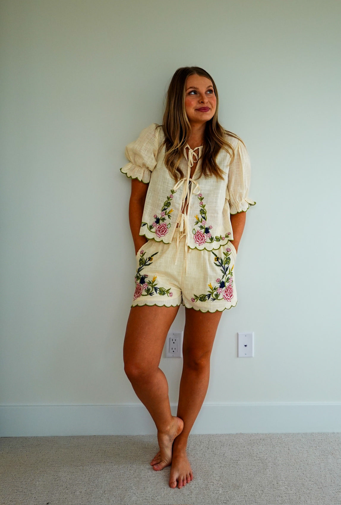 Embroidered Open Front Tied Top