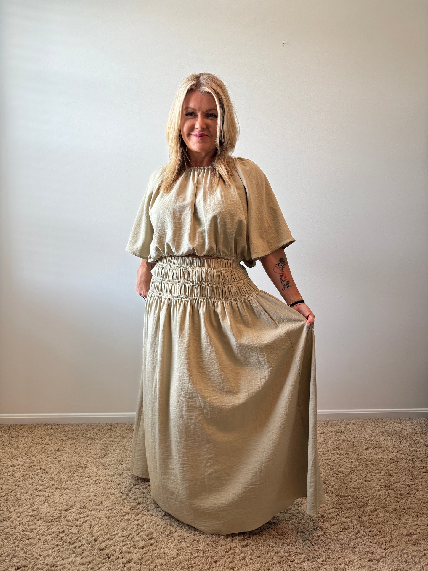 Smocked Waistband A-Line Maxi Skirt