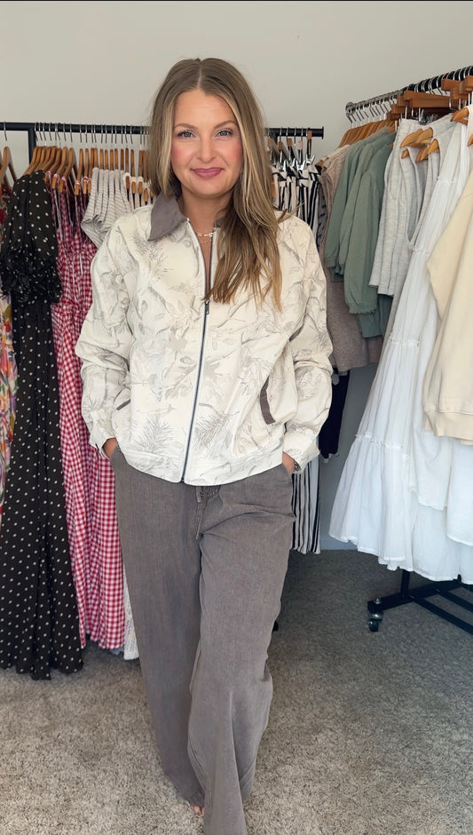 Floral Print Zip Front Corduroy Detail Jacket