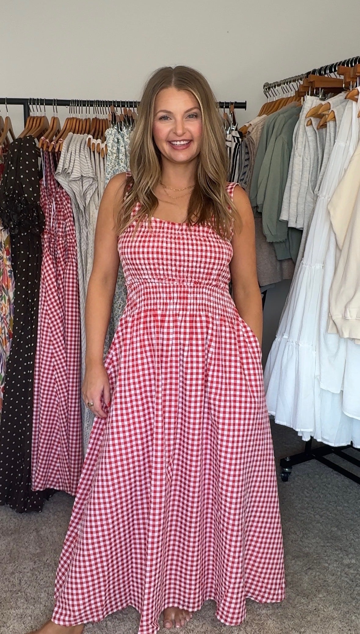 Gingham Smocked Bodice Midi Dress