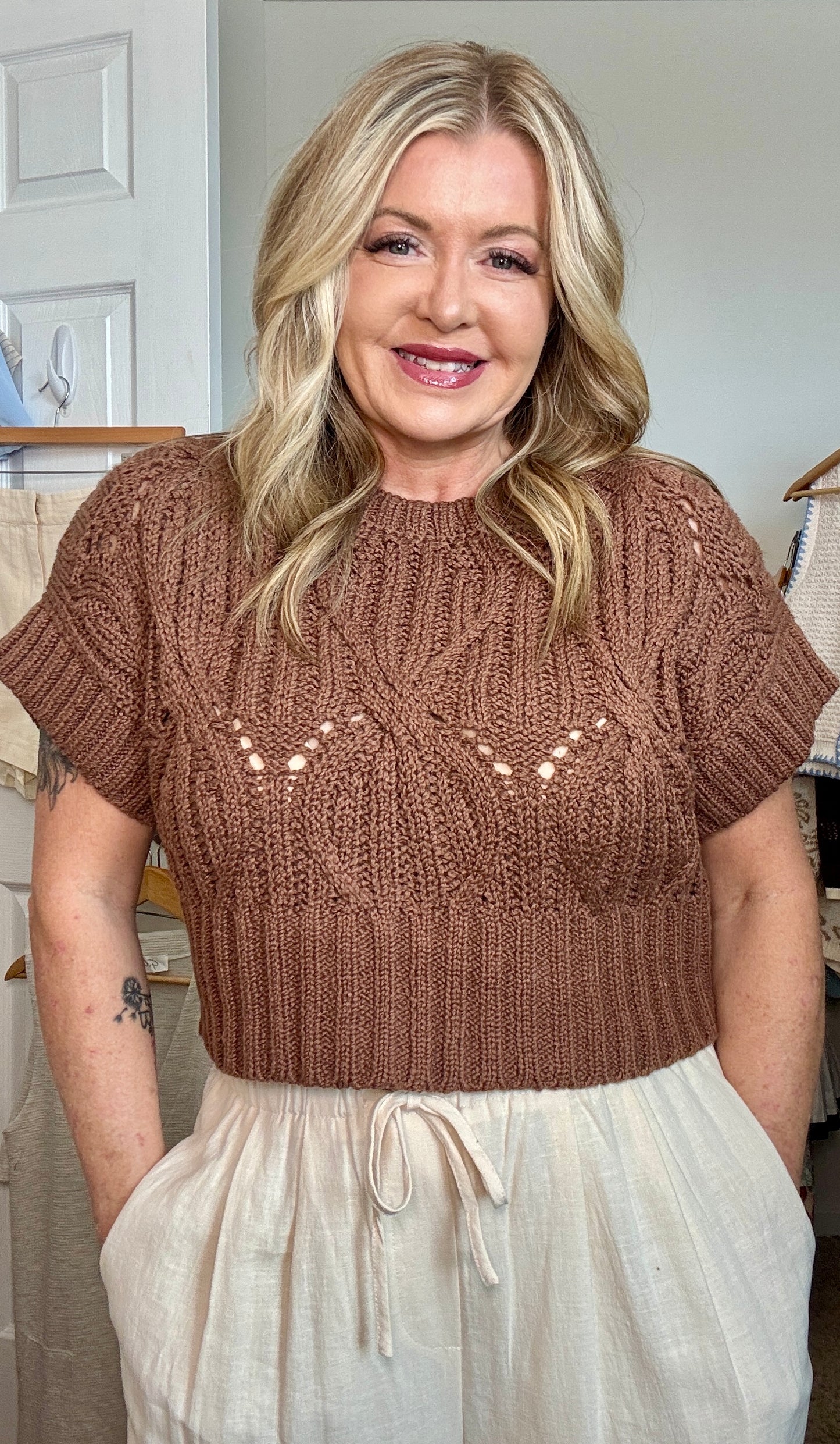 Knit Sweater Crochet Round Neck Short Sleeve Top
