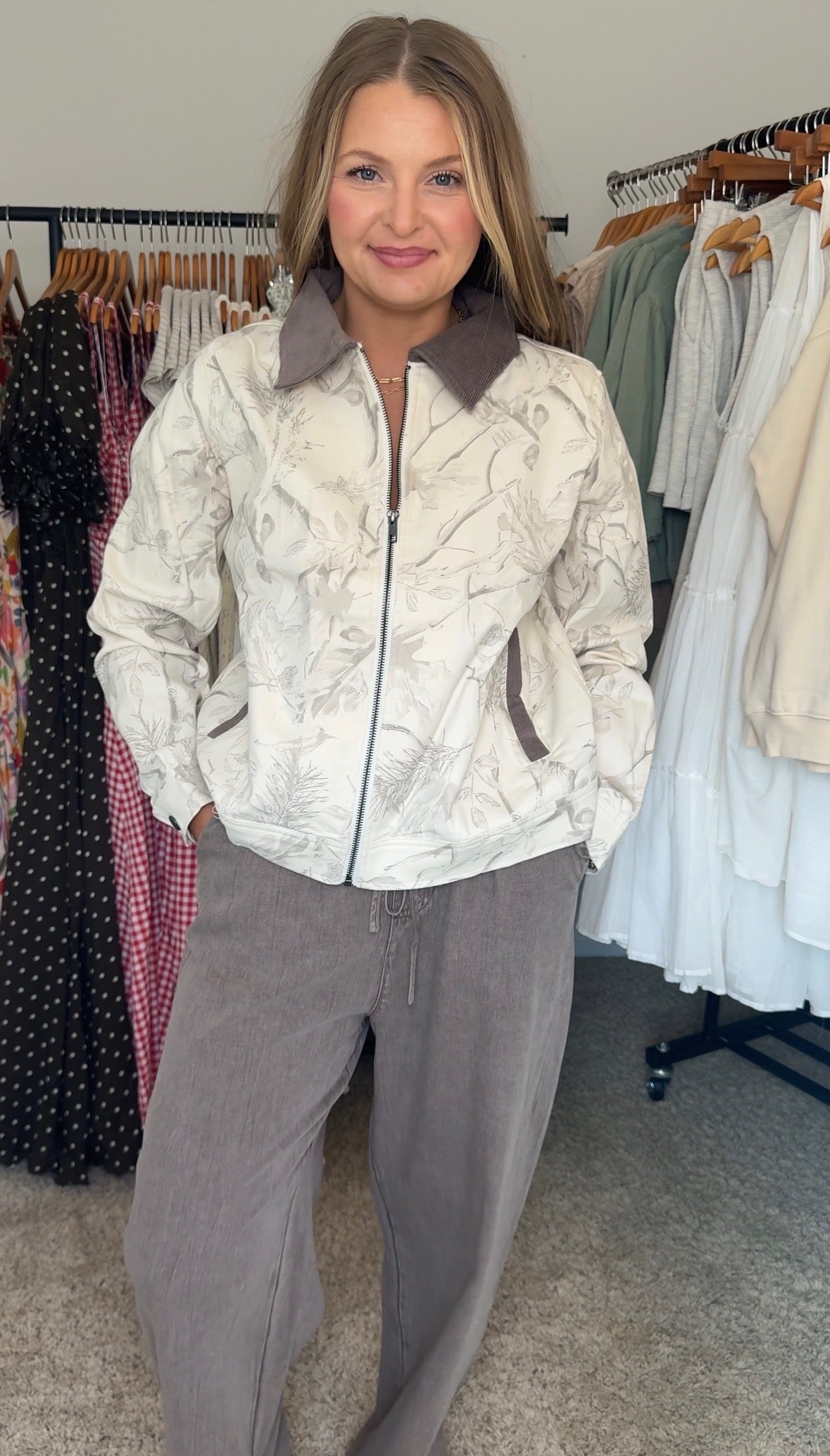 Floral Print Zip Front Corduroy Detail Jacket