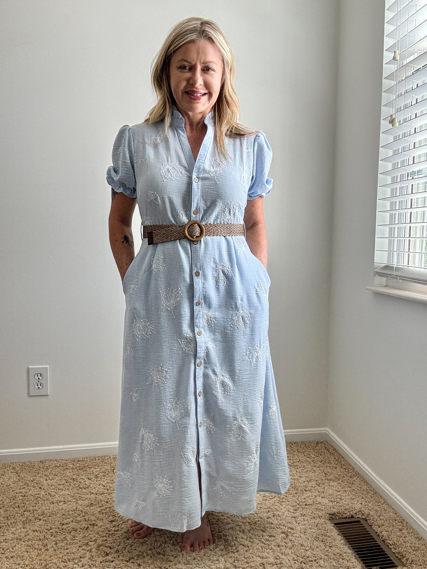 Embroidered Linen Blend Button Front Midi Dress