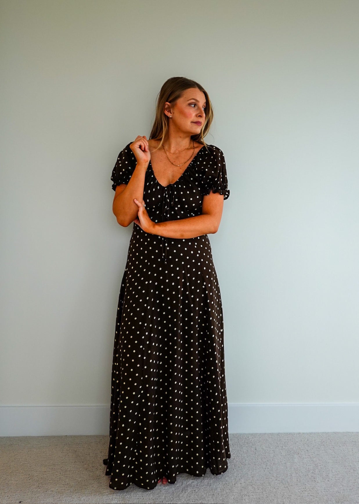 Woven Rayon Polyester Polka Dot Print Long Dress