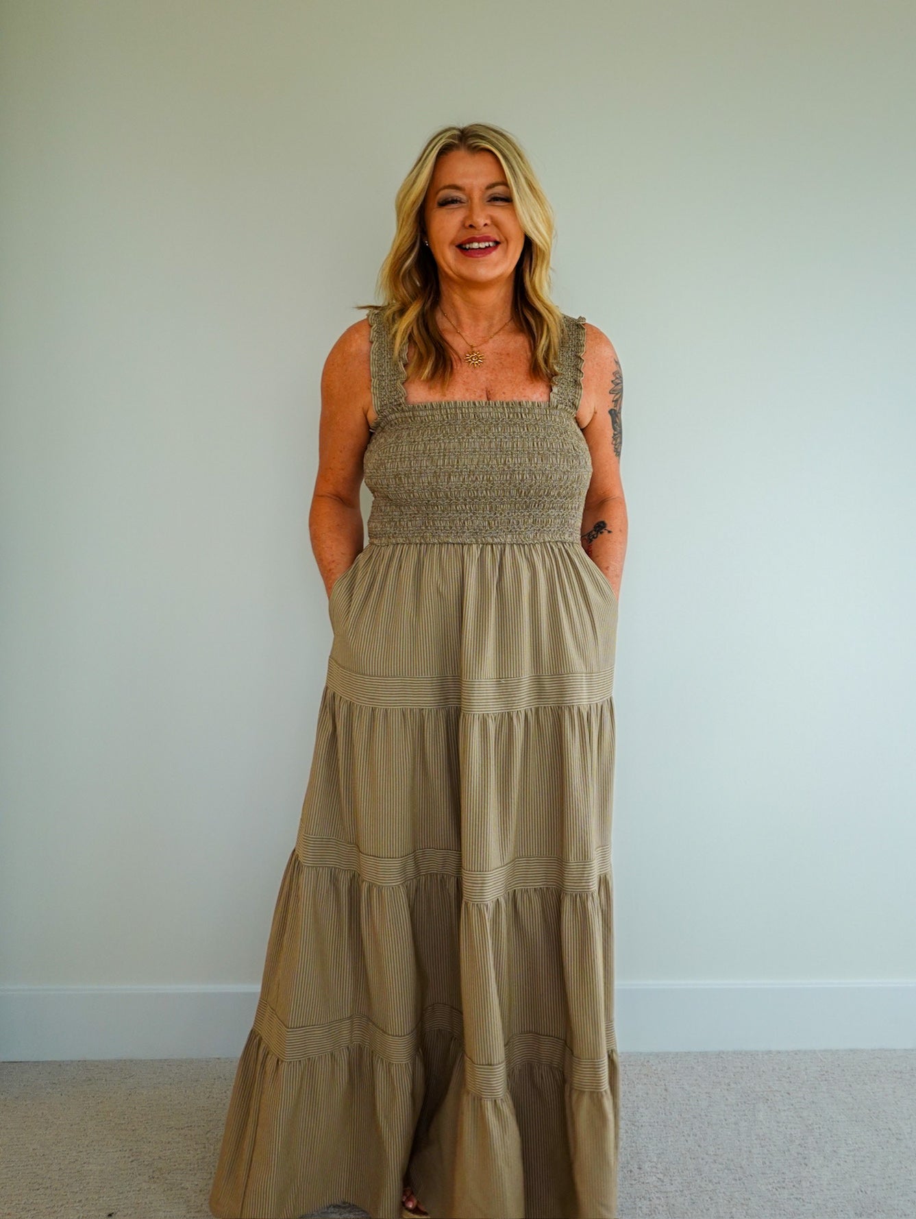 Striped Smocked-Bodice Tiered Dress