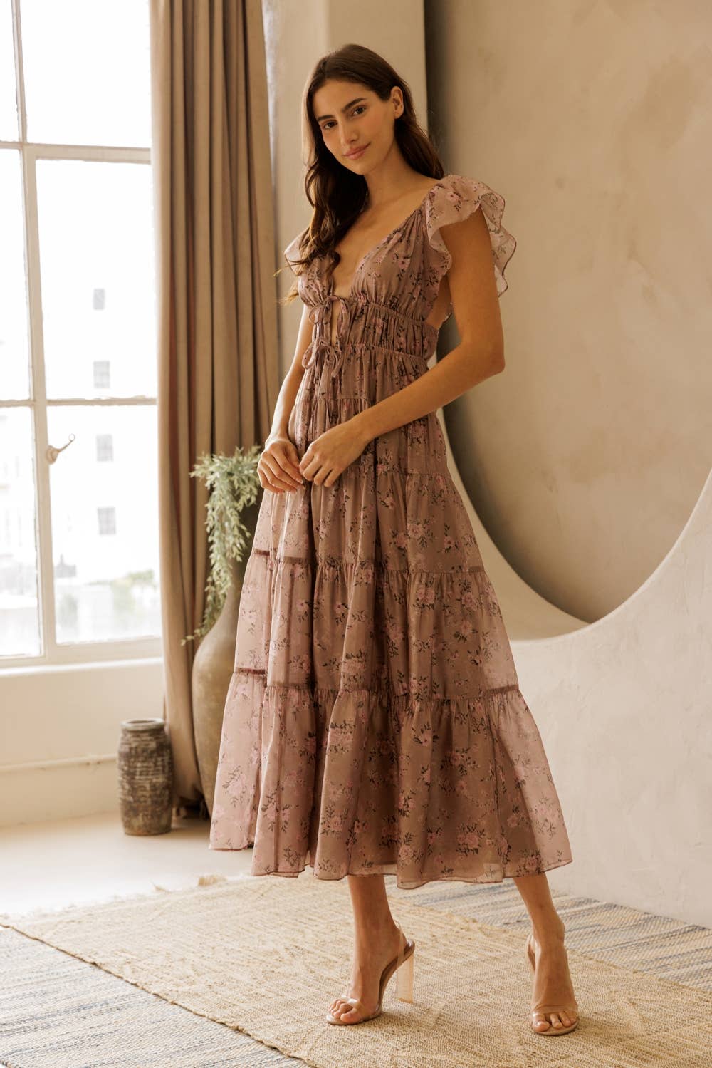 Floral Tie Front Tiered A-line Dress
