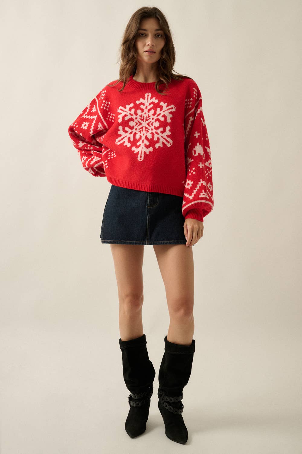 Snowflake Nordic Jacquard-Knit Dolman-Sleeve Sweater- Red and Sand
