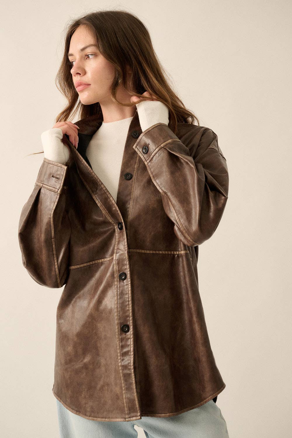 Faux Leather Button-Front Shacket