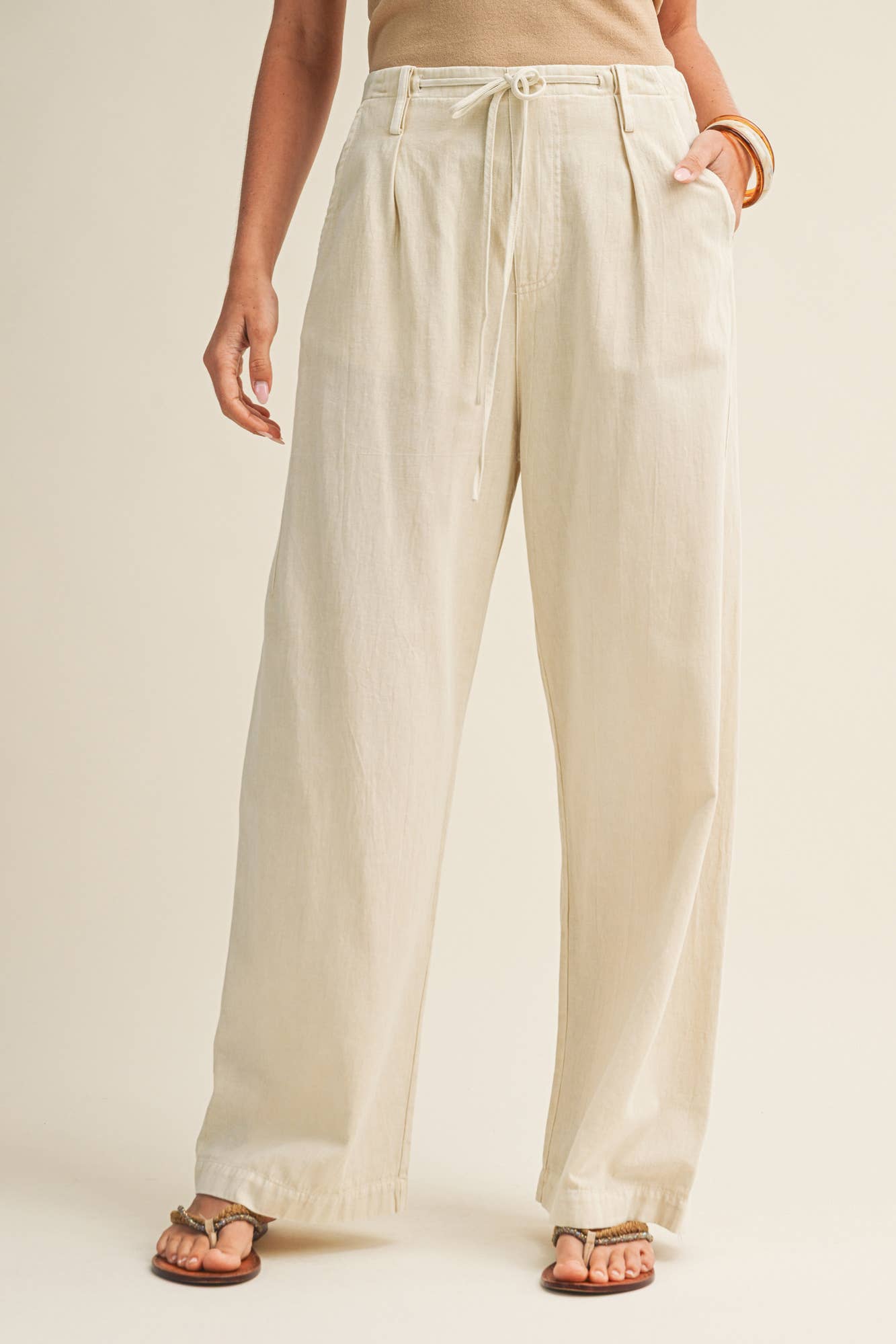 Pleated Drawstring Waist Wide-Leg Dyed Pant