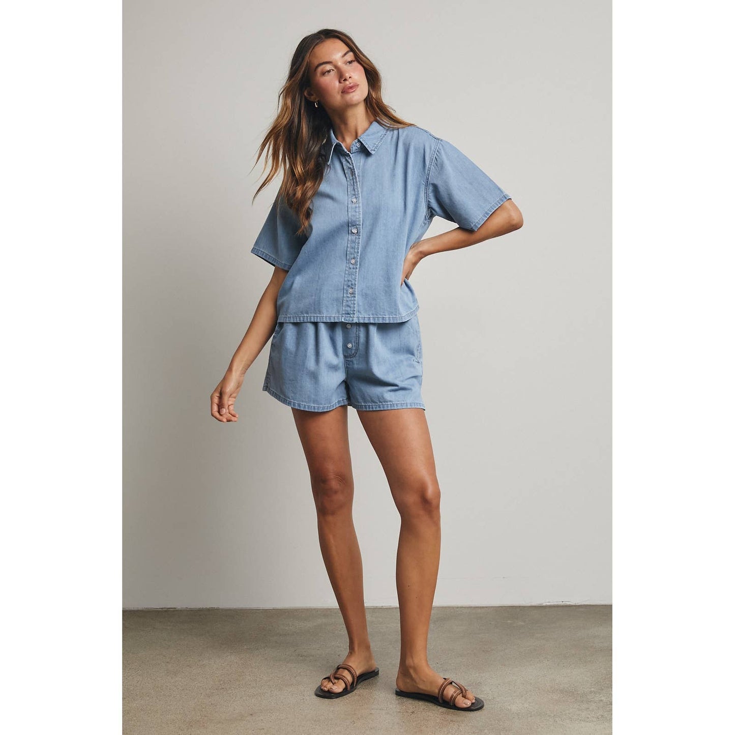 Button Front Drawstring Washed Denim Shorts