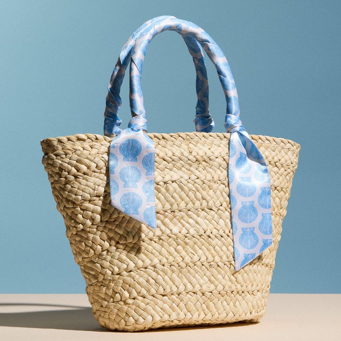Woven Raffia Mini Tote Bag with Sea Shell Scarf Handles & Lining